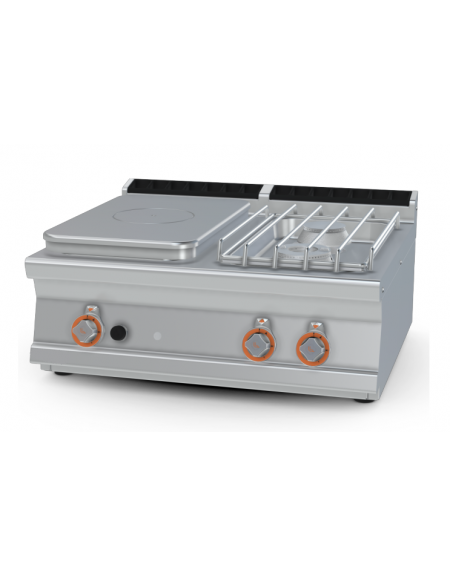 Piano di cottura a gas in acciaio inox CrNi 18/10 AISI 304, 2 fuochi + tuttopiastra cm 37x57 - cm 80x70,5x28h