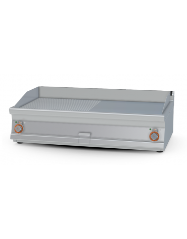 Fry top elettrico trifase-14,8kw da banco, piastra 1/2 liscia, 1/2 rigata cm 116x51, r. temp. 50 a 300 °C - dim. 120x70,5x28h