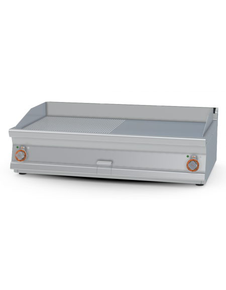 Fry top elettrico trifase-14,8kw da banco, piastra cromata 1/2 liscia, 1/2 rigata cm 116x51, da 50 a 300 °C - dim. 120x70,5x28h