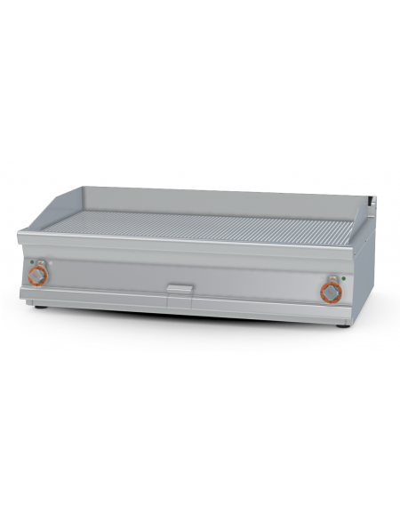 Fry top elettrico trifase-14,8kw da banco, piastra doppia rigata cm 116x51, r. temp. 50 a 300 °C - dim. 120x70,5x28h