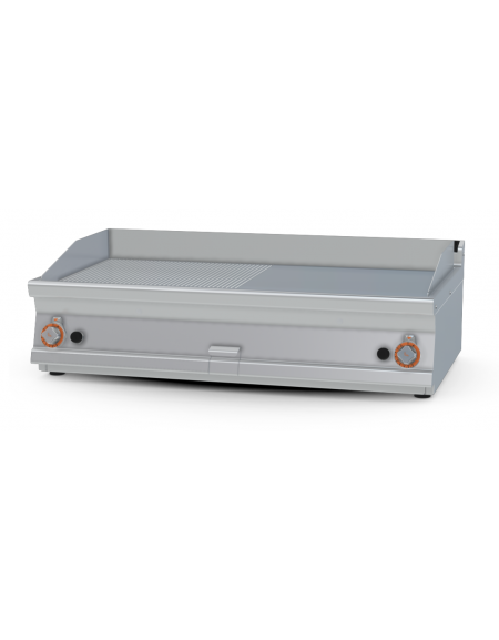 Fry top a gas da banco, 21kw, piastra 1/2 liscia, 1/2 cromata superficie di cottura cm 116x51 - cm 120x70,5x28h