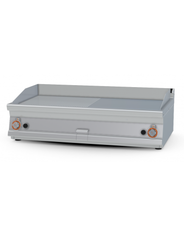 Fry top a gas da banco, 21kw, piastra cromata 1/2 liscia, 1/2 rigata superficie di cottura cm 116x51 - cm 120x70,5x28h