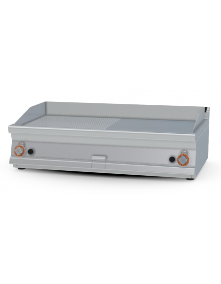 Fry top a gas da banco, 21kw, piastra cromata 1/2 liscia, 1/2 rigata superficie di cottura cm 116x51 - cm 120x70,5x28h