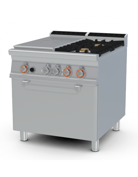 TUTTA PIASTRA + 2 FUOCHI SU FORNO ELETTRICO STATICO CM. 67X73X34H - PIASTRA CM. 37X73. CM. 80X90X90H.
