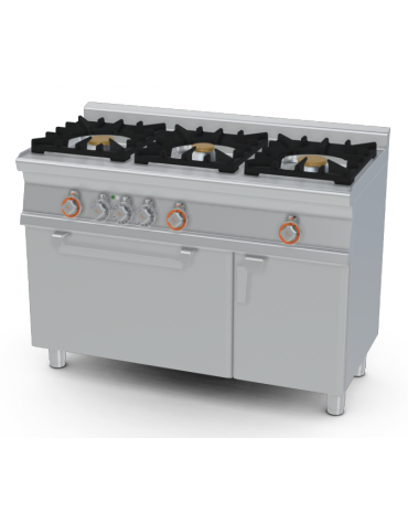 Cucina a gas 3 fuochi su forno a elettrico multifunzione, porta cieca inox, camera cm64x37x35h, 1 vano con porta - cm 120x60x90h