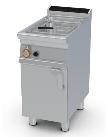 Friggitrice a gas su mobile - 1 vasca cm 31X34X42h con bruciatori esterni,  filtro e coperchio - 18Lt. - cm 40x70,5x90h