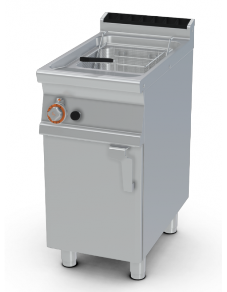 Friggitrice a gas su mobile - 1 vasca cm 31X34X42h con bruciatori esterni,  filtro e coperchio - 18Lt. - cm 40x70,5x90h