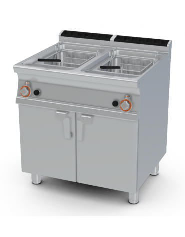 Friggitrice a gas su mobile - 2 vasche cm 31X34X42h con bruciatori esterni, filtro e coperchio - Lt 18+18 - cm 80x70,5x90h