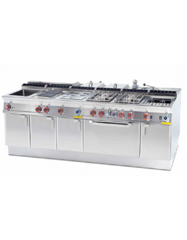 Friggitrice a gas su mobile - 2 vasche cm 31X34X42h con bruciatori esterni, filtro e coperchio - Lt 18+18 - cm 80x70,5x90h