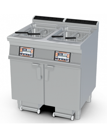 Friggitrice a gas digitale 2 vasche da Lt 18 su mobile, con o senza Melting - 2 pompe filtraggio olio a caldo - cm 80x70,5x90h