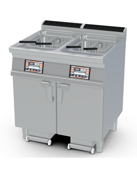 Friggitrice a gas digitale 2 vasche da Lt 18 su mobile, con o senza Melting - 2 pompe filtraggio olio a caldo - cm 80x70,5x90h