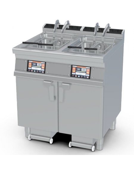 Friggitrice a gas digitale 2 vasche da Lt 18 su mobile, con o senza Melting - 4 sollevatori cesti integrati - cm 80x70,5x90h
