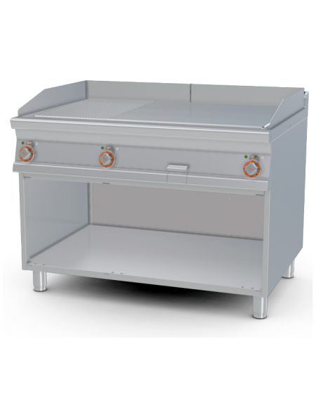 Fry-top trifase, su mobile a giorno - 1/3 rigato + 2/3 liscio cromato, piastra cm 110,5x65 - 3 zone di cottura - cm 120x90x90h