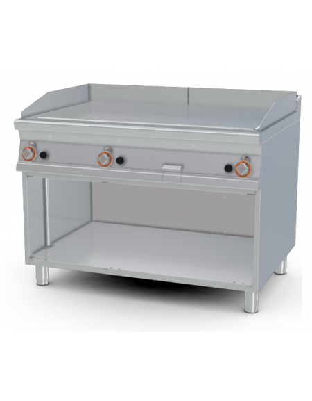 Fry-top a gas, su mobile a giorno - piastra liscia cromata cm 110,5x65 - 3 zone di cottura - cm 120x90x90h