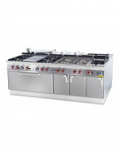 Fry-top a gas, su mobile a giorno - piastra liscia cromata cm 110,5x65 - 3 zone di cottura - cm 120x90x90h