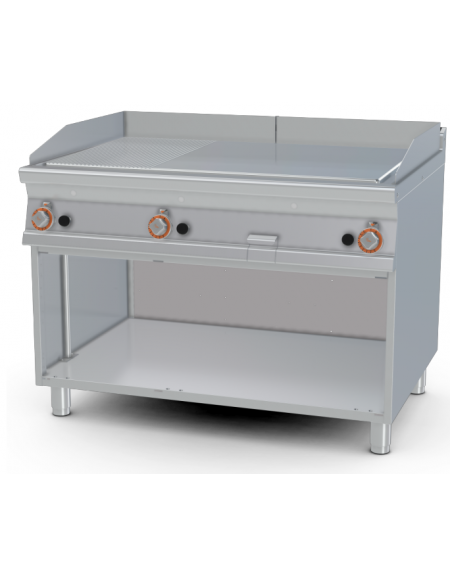 Fry-top a gas, su mobile a giorno - piastra 1/3 rigato + 2/3 liscio, cm 110,5x65 - 3 zone di cottura - cm 120x90x90h