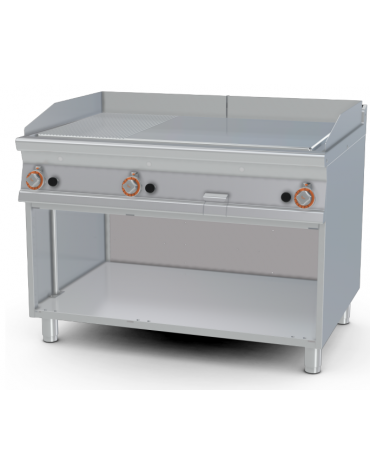Fry-top a gas, su mobile a giorno - piastra 1/3 rigato + 2/3 liscio cromato, cm 110,5x65 - 3 zone di cottura - cm 120x90x90h