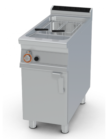 Friggitrice a gas Lt 23 su mobile - 1 vasca cm 33x42x47h - bruciatori esterni, 2 cesti, filtro e coperchio vasca - cm 40x 90x 90