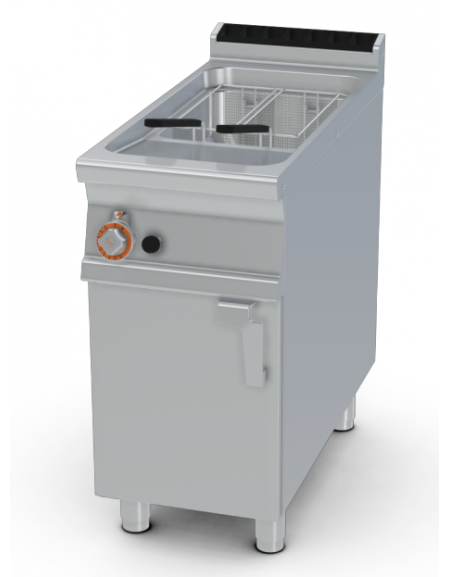 Friggitrice a gas Lt 23 su mobile - 1 vasca cm 33x42x47h - bruciatori esterni, 2 cesti, filtro e coperchio vasca - cm 40x 90x 90