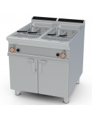 Friggitrice a gas su mobile - 2 vasche da Lt 23+23 - bruciatori esterni, 4 cesti, filtro e coperchio vasca - cm 80x90x90h