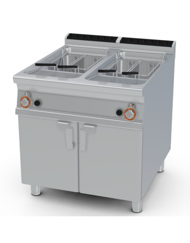 Friggitrice a gas su mobile - 2 vasche da Lt 23+23 - bruciatori esterni, 2 cesti, filtro e coperchio vasca - cm 80x90x90h