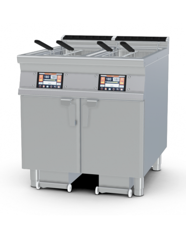 Friggitrice elettrica Touch 2 vasche da Lt 25, su mobile, con o senza Melting - 2 pompe filtraggio olio a caldo - cm 80x90x90h