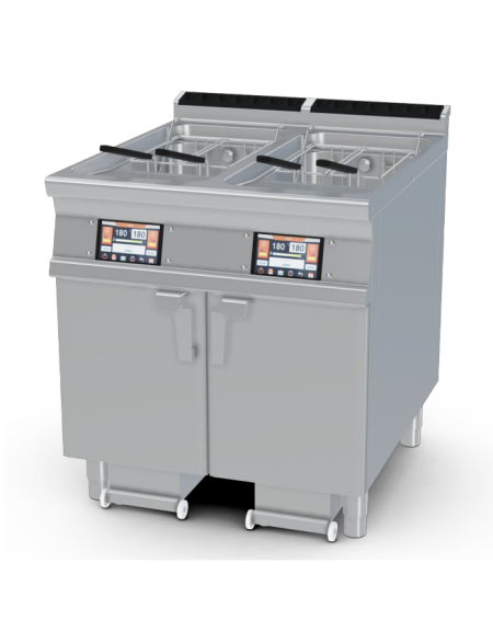 Friggitrice a gas su mobile - 2 vasche Lt 21, cm 33x42x47h cad. - comandi digitali, con o senza Melting - cm 80x90x90h