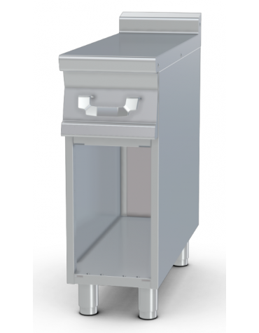 Piano di lavoro inox AISI 304 su mobile a giorno - 1 cassetto, 1 bacinella inox cm 19x50x15h - dim. tot. cm 30x90x90h