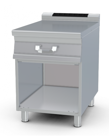 Piano di lavoro inox AISI 304 su mobile a giorno - 1 cassetto, 1 bacinella inox cm 49x50x15h - dim. tot. cm 60x90x90h