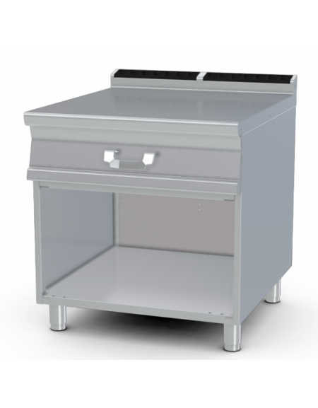 Piano di lavoro inox AISI 304 su mobile a giorno - 1 cassetto, 2 bacinelle GN1/1 in plastica - dim. tot. cm 80x90x90h