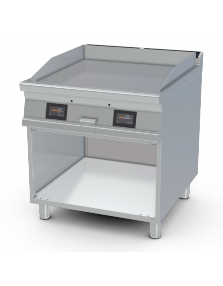 Fry-top elettrico liscio cromato su mobile a giorno - piastra cm 76x68, 2 zone cottura - comandi digitali - cm 80x90x90h