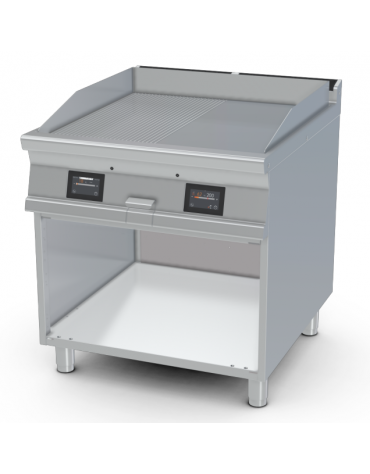 Fry-top elettrico su mobile a giorno - piastra 1/2 rigato + 1/2 liscio cromato, 2 zone cottura - comandi digitali - cm 40x90x90h