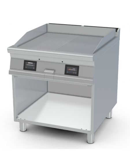 Fry-top elettrico su mobile a giorno - piastra 1/2 rigato + 1/2 liscio cromato, 2 zone cottura - comandi digitali - cm 40x90x90h