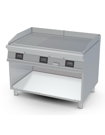 Fry-top elettrico su mobile a giorno - piastra 1/3 rigato + 2/3 liscio cromato, 3 zone cottura - comandi digitali - cm 120x90x90