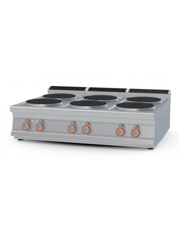 Piano di cottura elettrico da banco in acciaio inox CrNi 18/10 AISI 304 - 6 piastre tonde - Kw 21 - cm 120x90x28h