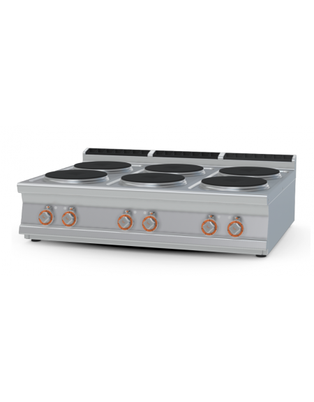 Piano di cottura elettrico da banco in acciaio inox CrNi 18/10 AISI 304 - 6 piastre tonde - Kw 21 - cm 120x90x28h