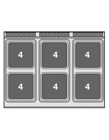 Piano di cottura elettrico da banco in acciaio inox CrNi 18/10 AISI 304 - 6 piastre quadrate - Kw 24 - cm 120x90x28h