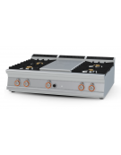 Piano di cottura a gas in acciaio inox CrNi 18/10 AISI 304, 2 fuochi + tuttopiastra cm 79x73 - cm 120x90x28h
