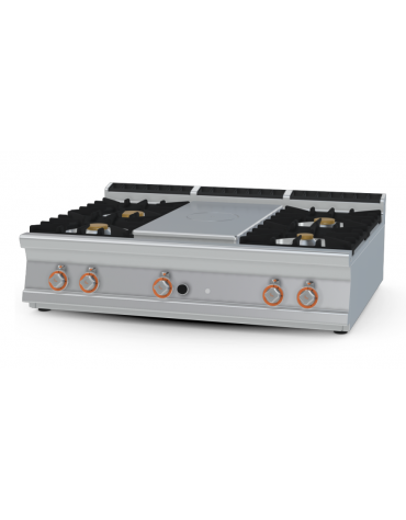 Piano di cottura a gas in acciaio inox CrNi 18/10 AISI 304, 2 fuochi + tuttopiastra cm 79x73 - cm 120x90x28h