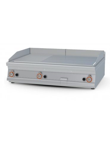 Fry-top a gas da banco - 1/3 rigato + 2/3 liscio cromato, piastra cm 110,5x65  - 3 zone di cottura - cm 120x90x90h