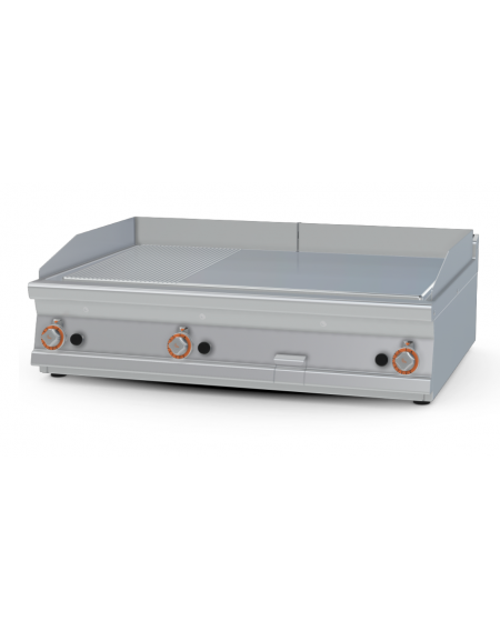 Fry-top a gas da banco - 1/3 rigato + 2/3 liscio cromato, piastra cm 110,5x65  - 3 zone di cottura - cm 120x90x90h