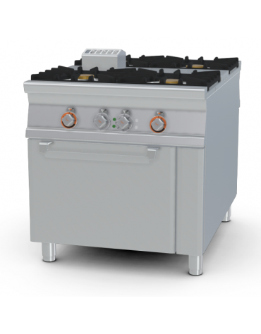 Cucina a gas passante, 4 fuochi su forno elettrico passante statico, camera cm. 55x98x34h - cm 80x110x90h
