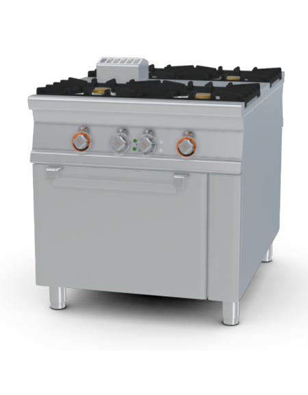 Cucina a gas passante, 4 fuochi su forno elettrico passante statico, camera cm. 55x98x34h - cm 80x110x90h
