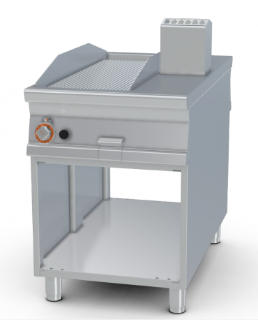 Fry-top a gas passante rigato cromato su mobile a giorno - piastra cm 36x85, 2 zone di cottura - cm 60x110x90h