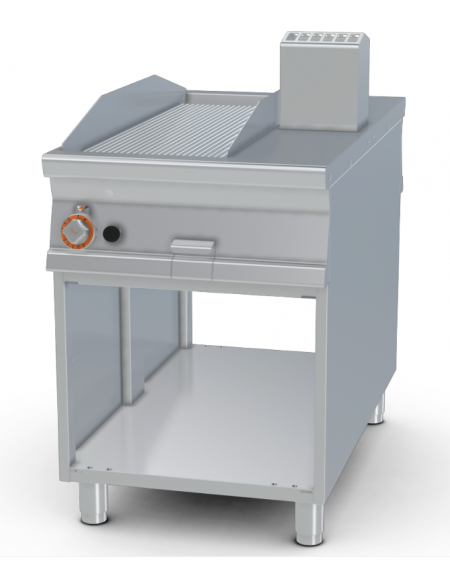 Fry-top a gas passante rigato cromato su mobile a giorno - piastra cm 36x85, 2 zone di cottura - cm 60x110x90h