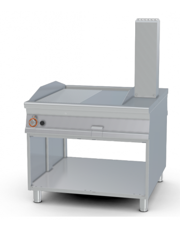 Fry-top a gas passante 1/2 rigato + 1/2 liscio cromato su mobile a giorno - piastra cm 76x85, 2 zone di cottura - cm 110x110x90h