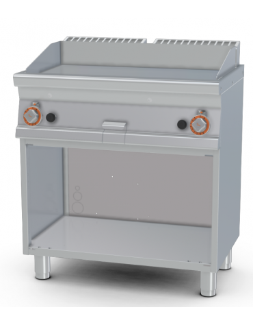 Fry-top a gas liscio cromato su mobile a giorno - piastra cm 76x34, 2 zone di cottura - cm 80x55x90h