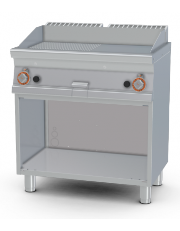 Fry-top a gas 1/2 rigato + 1/2 liscio cromato su mobile a giorno - piastra cm 76x34, 2 zone di cottura - cm 80x55x90h