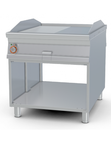 Fry-top elettrico passante 1/2 rigato + 1/2 liscio cromato su mobile a giorno, piastra 76x85, 2 zone di cottura - cm 80x110x90h