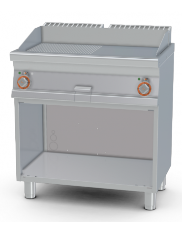 Fry-top elettrico 1/2 rigato + 1/2 liscio cromato su mobile a giorno  - piastra cm 76x34, 2 zone di cottura - cm 80x55x90h